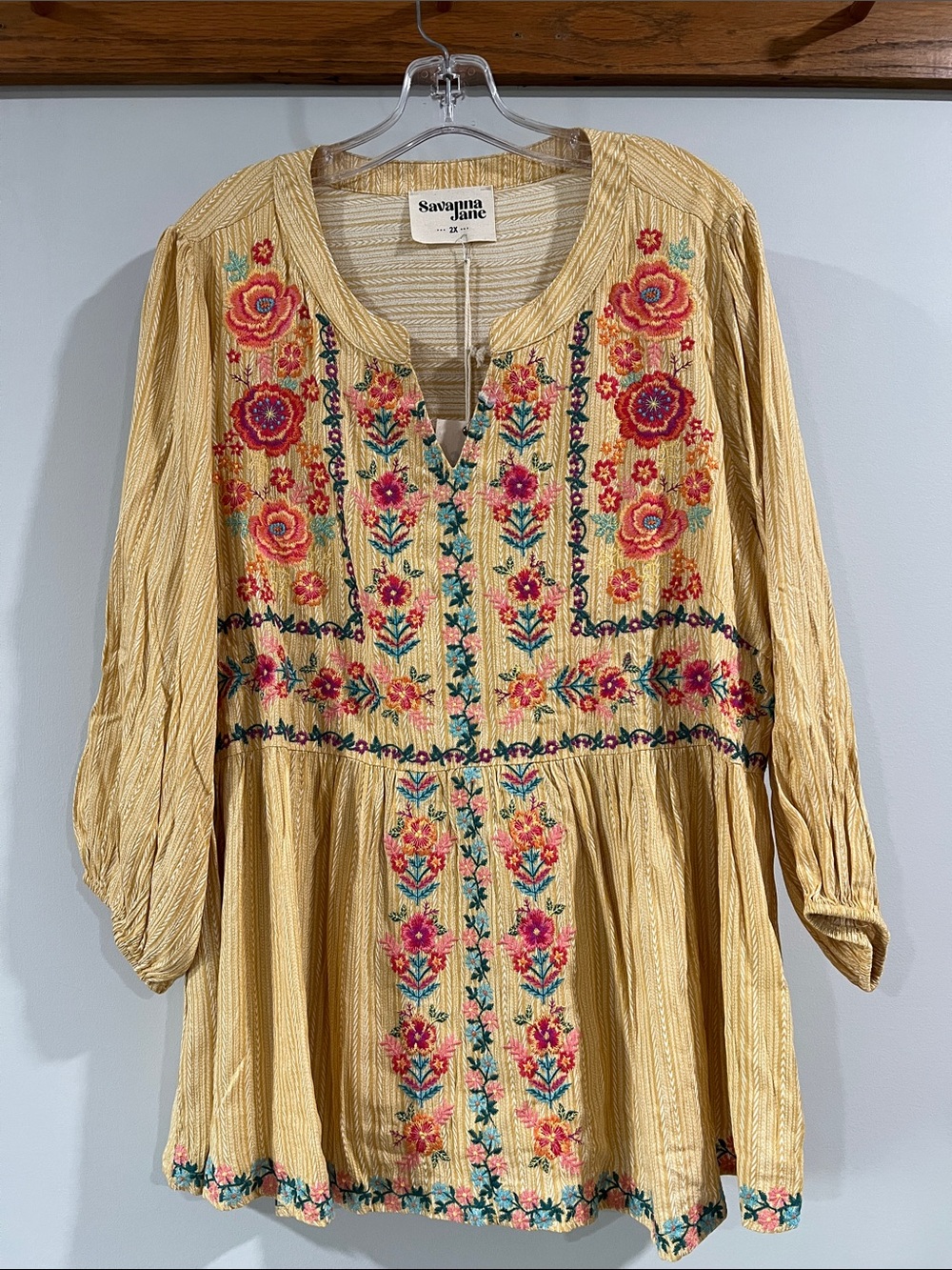 Savanna Jane - 2x, Yellow Embroidered Floral Peasant Blouse, hippie, Boho